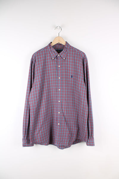 Red and blue Ralph Lauren plaid button up shirt with signature embroidered logo on the chest.