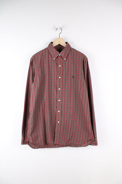 Ralph Lauren red and green plaid button up shirt with signature embroidered logo on the chest.
