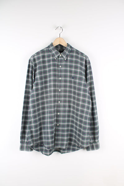 Ralph Lauren green plaid button up shirt with signature embroidered logo on the chest. 