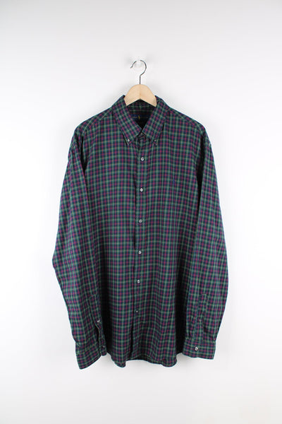 Green and blue Ralph Lauren plaid button up shirt with signature embroidered logo on the chest.