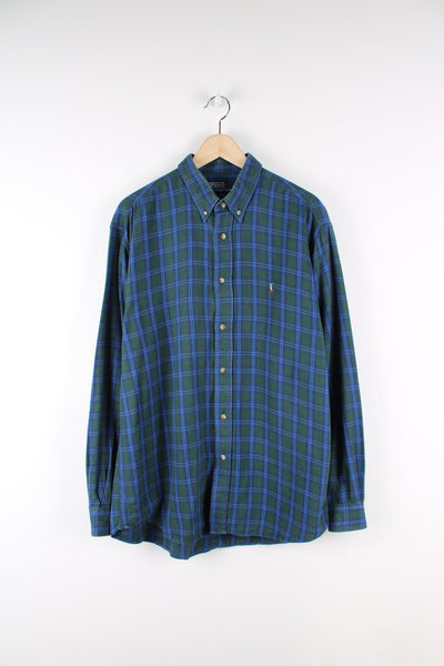 Ralph Lauren green and blue plaid button up shirt with signature embroidered logo on the chest.
