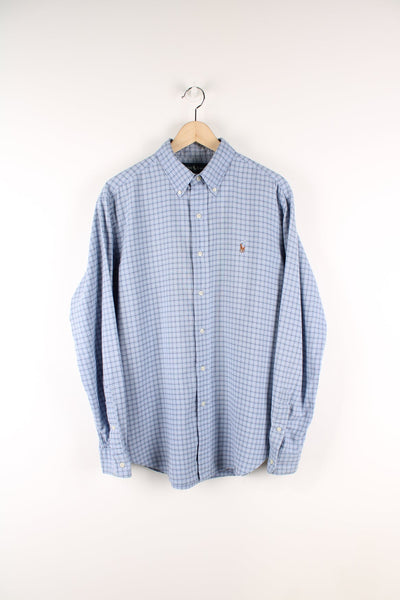 Ralph Lauren blue checked button up shirt with signature embroidered logo on the chest.