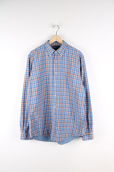 Ralph Lauren blue and orange plaid shirt with embroidered logo on the chest.