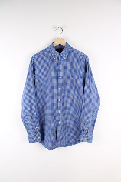 Ralph Lauren blue and white checked button up shirt with signature embroidered logo on the chest. 