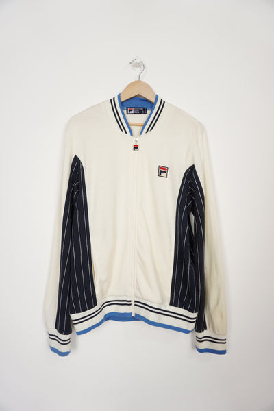 Vintage Fila White Line tracksuit top in cream with embroidered logo and pinstriped details