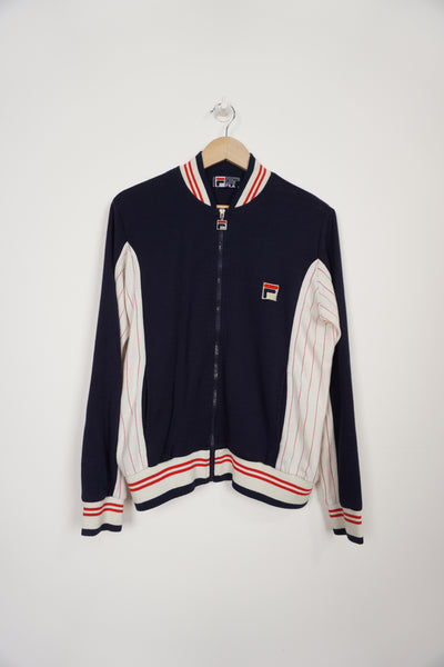 Vintage Fila cream and navy tracksuit top with embroidered logo and pinstripe details