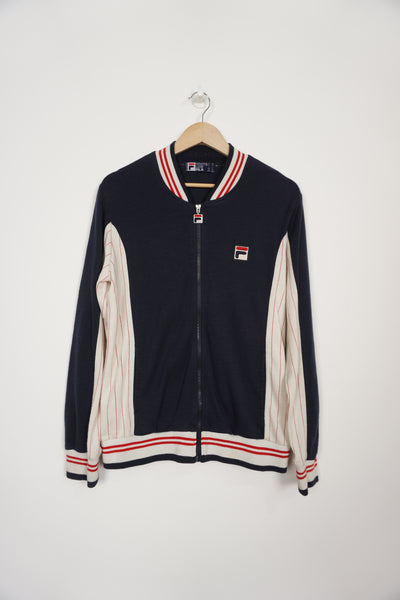 Vintage Fila cream and navy tracksuit top with embroidered logo and pinstripe details