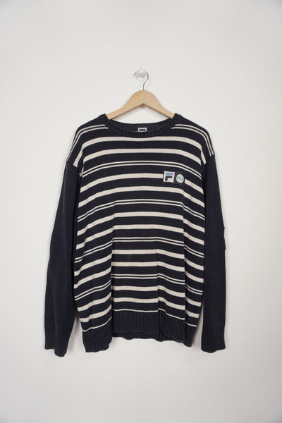 Navy blue Fila knit striped jumper with embroidered logos on the chest and sleeves