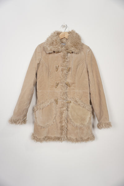 Y2K style cream suede Afghan jacket with faux fur cuffs and collar 