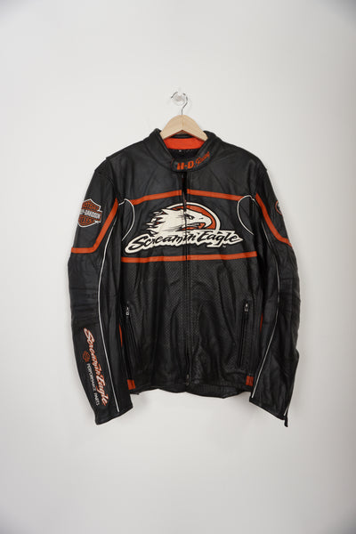 Harley Davidson 'Screamin Eagle' black leather raceway jacket with embroidered details, removable padding and multiple pockets 