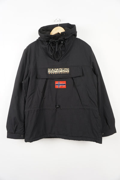 Napapijri black pullover jacket with fleece lining embroidered badges on the front