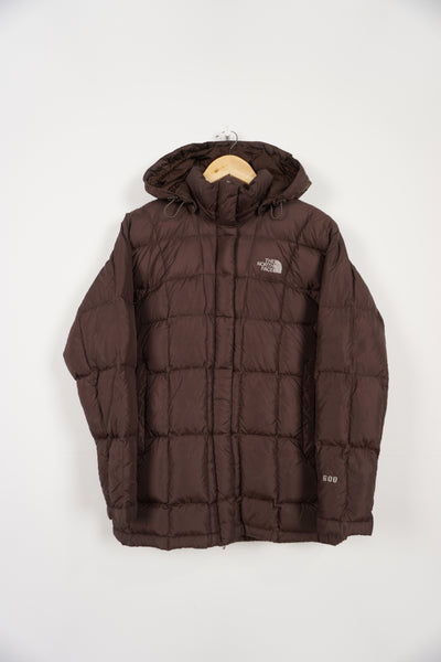 The North Face brown 600 hooded puffer jacket with double pockets and embroidered logos on the front and back 