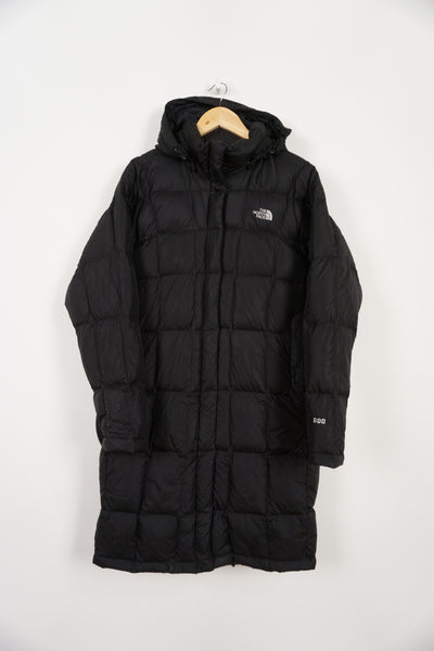 The North Face black 600 hooded puffer jacket with double pockets and embroidered logos on the front and back 