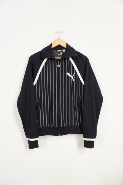 Navy blue almost black pinstriped Puma zip through tracksuit top with signature logo on the chest