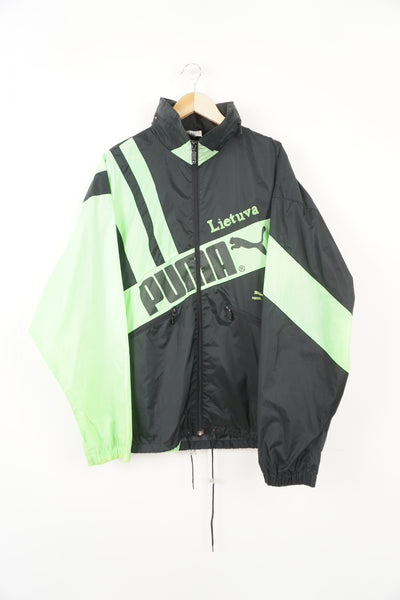Vintage 80/90s Puma Lietuva green and black tracksuit top with printed spell-out logo on the front 