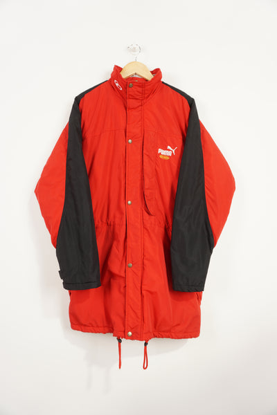 Vintage 90s Red Puma King puffer coat with embroidered logo on the chest, foldaway hood, and printed logo graphic on reverse good condition: Size in Label: M