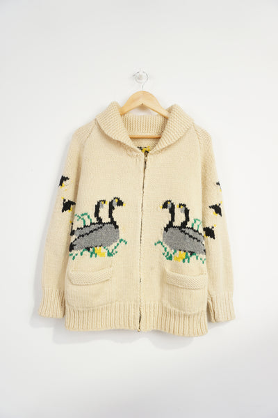 Vintage cowicha cream knitted cardigan with Canada goose motif on the front and back