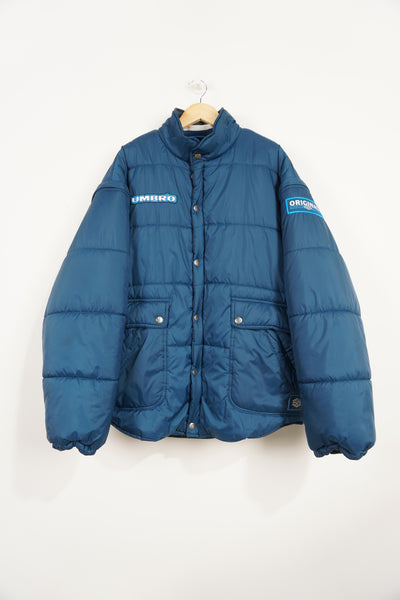Vintage Blue Umbro Pro Training puffer coat / gilet with embroidered logo and removable sleeves good condition: Size in Label: L