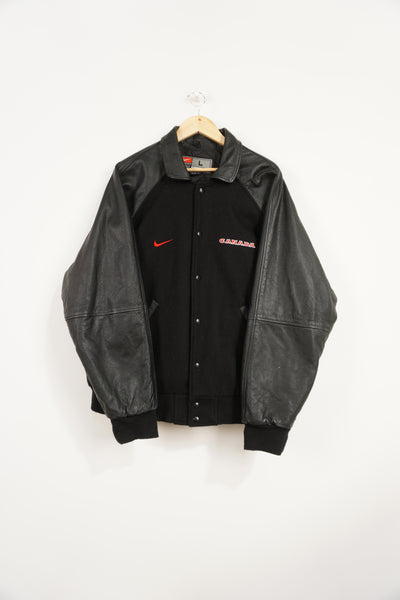 Team Canada x Nike black wool bomber jacket with leather sleeves and embroidered logos 