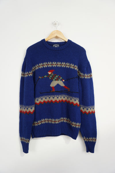 Vintage navy blue The Boat Row ski motif knit jumper 