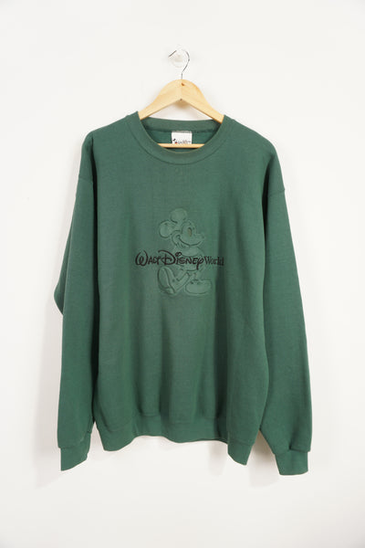 Vintage Disney green crewneck sweatshirt with embossed Mickey Mouse and embroidered text