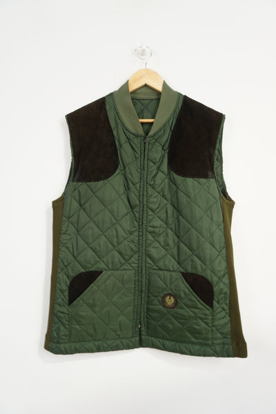 Vintage Belstaff Green Quilted Gilet with suede shoulders patches, made in England tag on inside of jacket