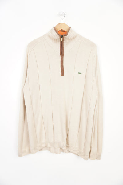 Lacoste beige and brown 1/4 zip cotton knit jumper with embroidered logo on the chest