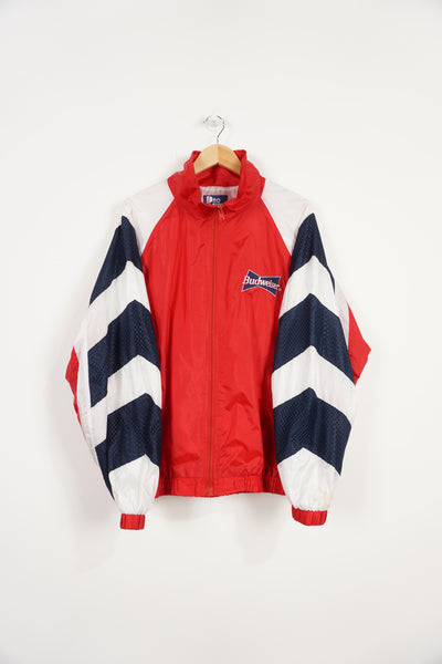 Vintage Budweiser windbreaker style track jacket with embroidered spell-out logo on the chest and raised branding on the back