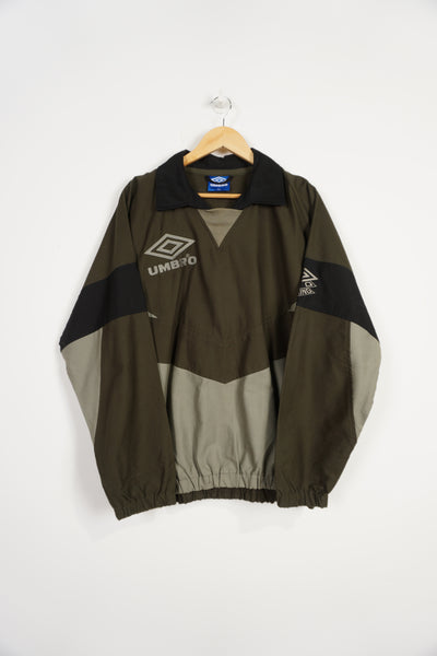 Vintage 90's Umbro Pro Training khaki green cotton drill top with embroidered logos on the chest, sleeve and back