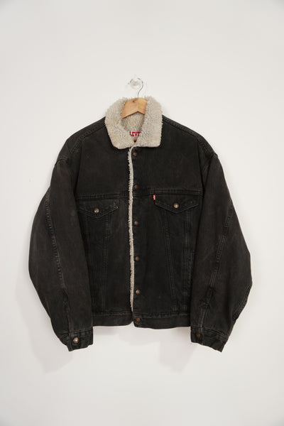 Vintage 80s Levi Strauss button up Sherpa Trucker black denim jacket with red tab
