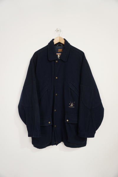 Vintage navy blue Helly Hansen wool overcoat with multiple pockets