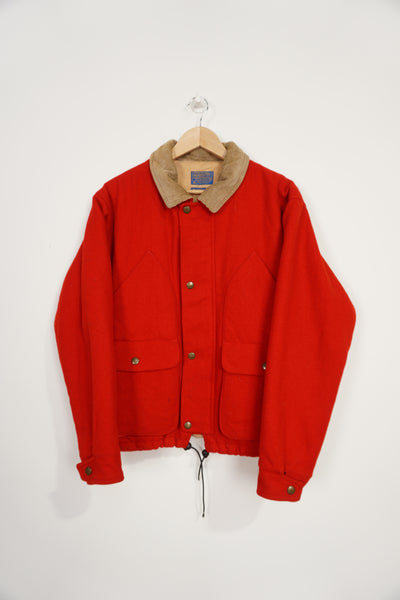 Vintage Pendleton red wool hunting jacket with multiple pockets and corduroy collar