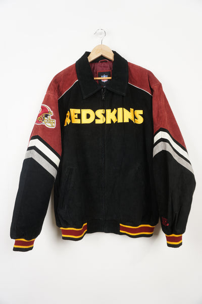 Vintage red and black suede, Washington Red Skins bomber jacket with embroidered details on the front and back