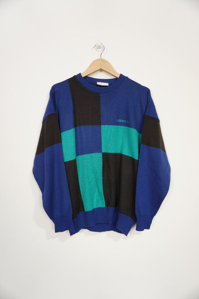 Vintage Adidas blue tone colour block jumper with embroidered logo on the chest