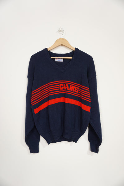 1980's Vintage NFL Pro Line New York Giants navy blue v neck wool jumper with spell-out details on the front