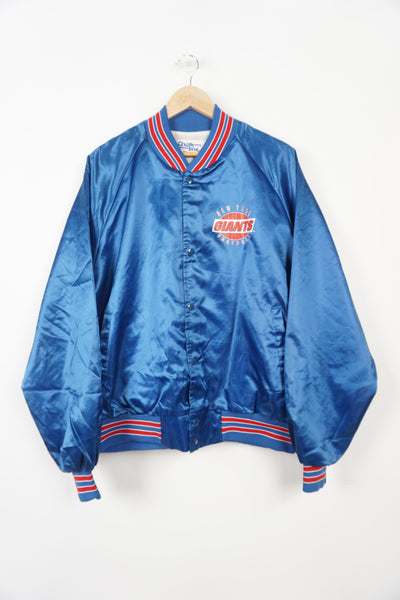 Vintage Chalk Line, New York Giants blue satin bomber jacket with spell-out details on the chest and back 