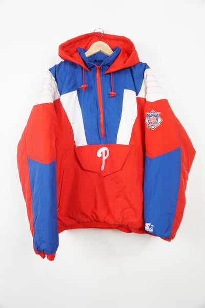 Vintage Philadelphia Phillies MLB pullover jacket by Starter with embroidered badges on the front and back