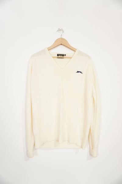 Vintage off white Slazenger v neck wool jumper with embroidered logo on the chest