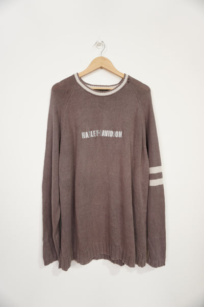 Harley Davidson grey crew neck cotton knit jumper with embroidered spell-out text on the front