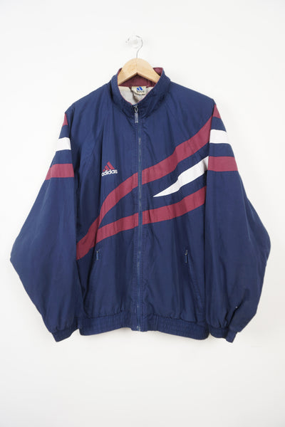 Vintage 1990s Adidas maroon red and blue panelled full zip tracksuit top. With embroidered logo on the chest
