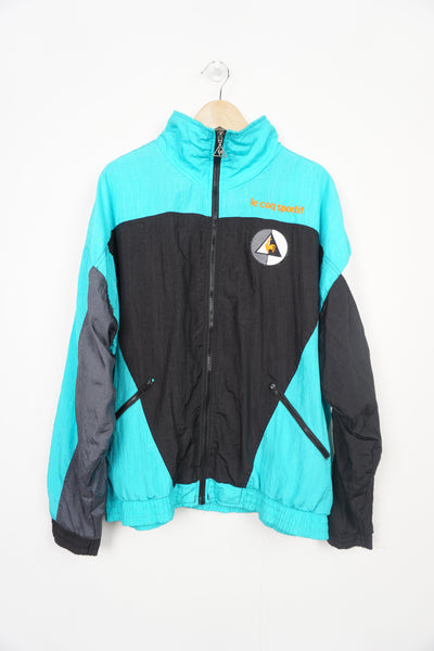Vintage 1980's Le Coq Sportif turquoise shell jacket with embroidered logos on the chest and back