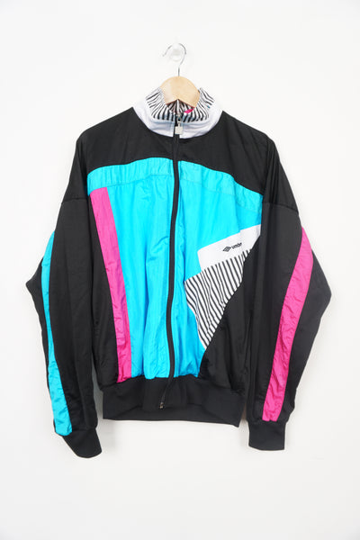 Vintage 80s/90s Umbro black and blue panelled zip through tracksuit jacket with embroidered logo on the chest 