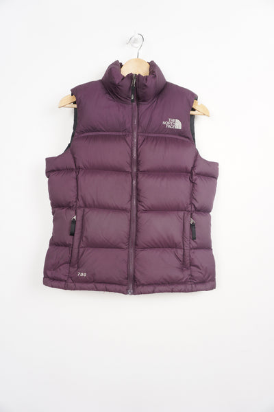The North Face 700 purple zip through gilet with embroidered logos on the front and back