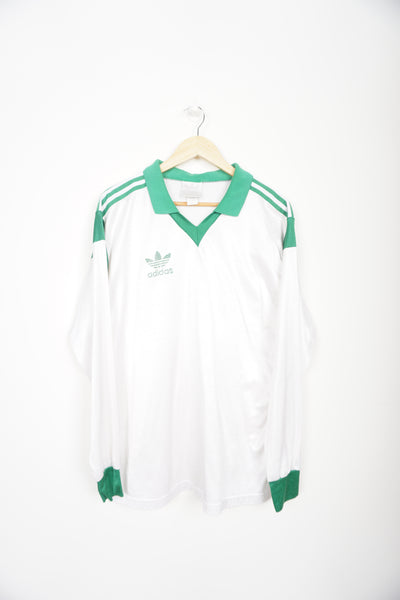 Vintage green and white Adidas long sleeve, collared training shirt with logo on the front 