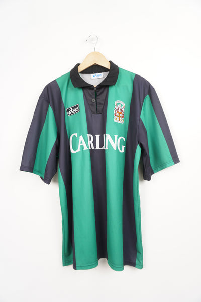 Vintage 1994-96 Stoke City black and green football shirt with raised sponsors and badges