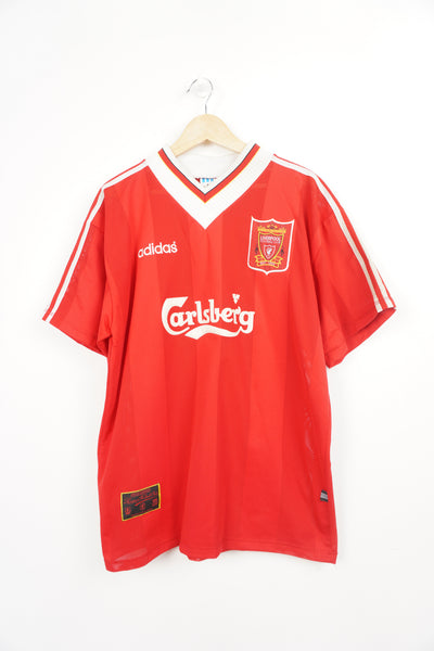 Vintage 1995-1996 Liverpool home football shirt with embroidered badges and raised sponsor