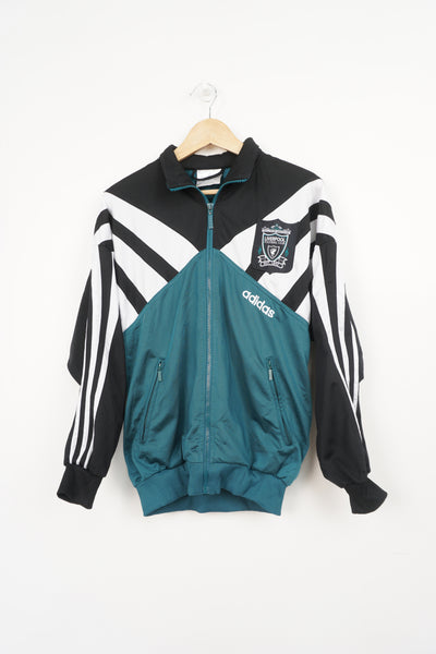 Vintage 1995-96 black and teal Liverpool F.C x Adidas track jacket with embroidered badge and logo