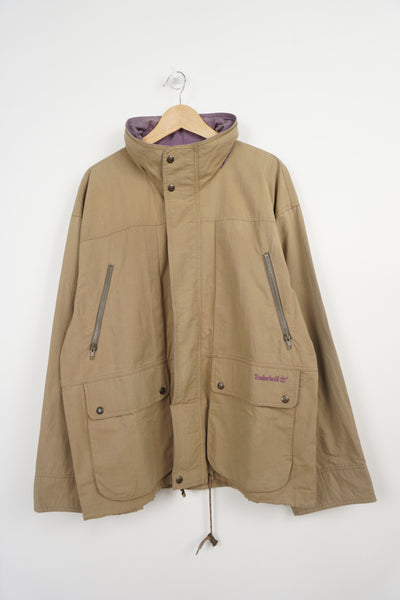 Timberland tan zip through, lightweight jacket with fold away hood and embroidered logo on the pocket
