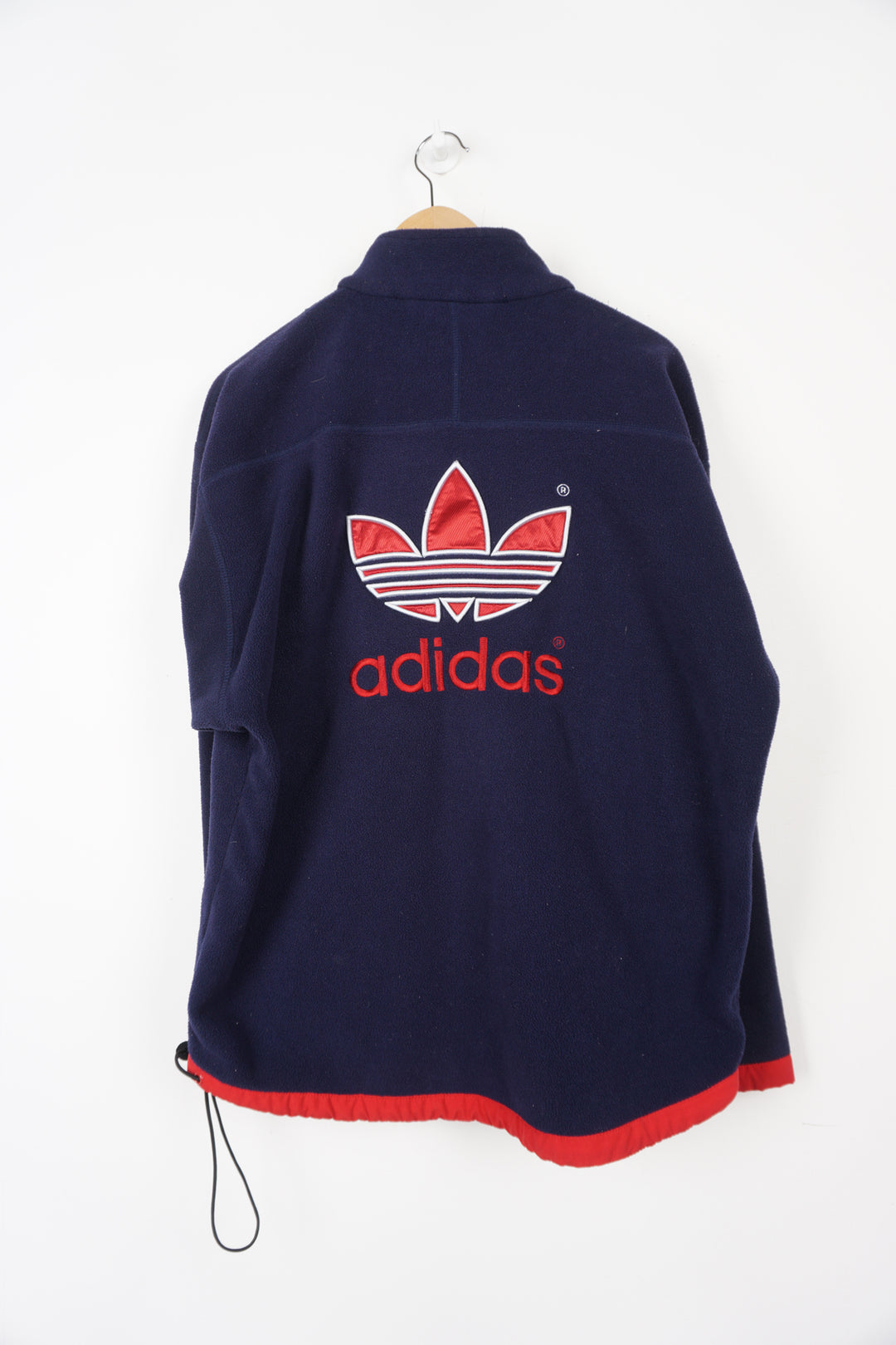 90's navy blue Adidas zip through fleece with embroidered logo on the chest and back