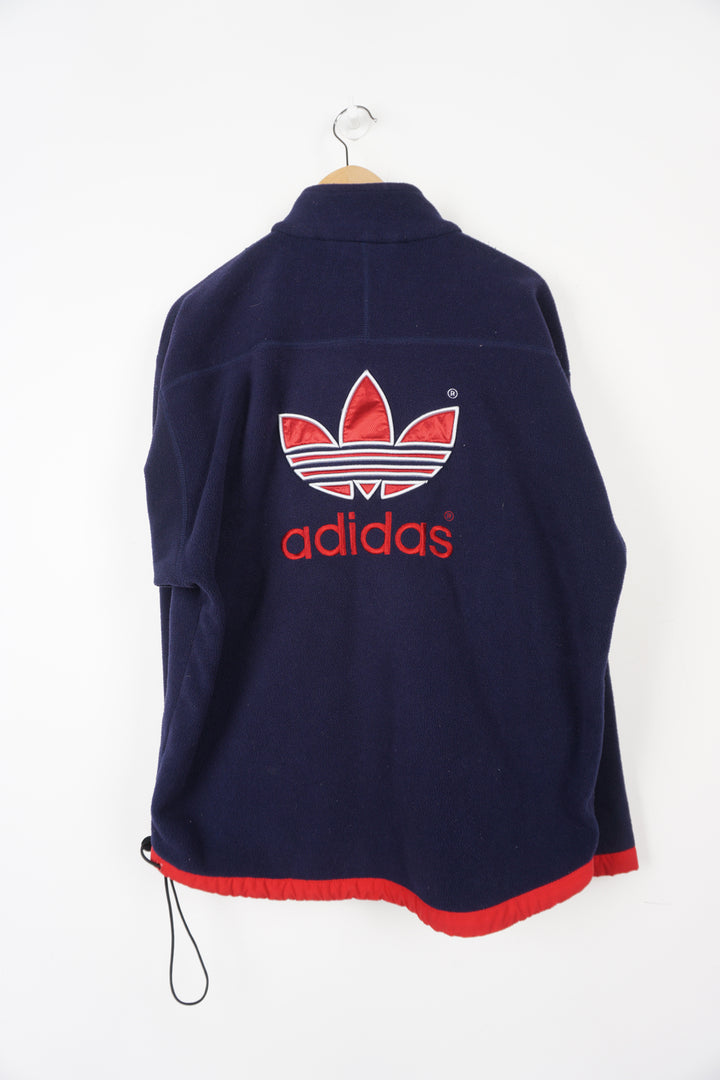 90's navy blue Adidas zip through fleece with embroidered logo on the chest and back
